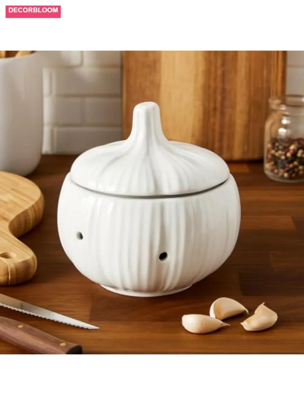 Ceramic Garlic Keeper with Ventilation Holes - Decorative Garlic Storage